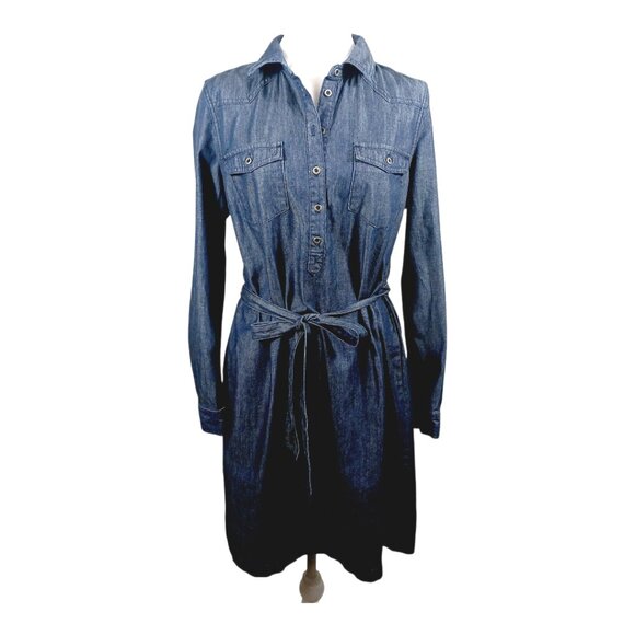 Old Navy Denim Dress, Shift with Belt, Size Medium, Long Sleeve, 1/4 Button Down - Picture 1 of 15